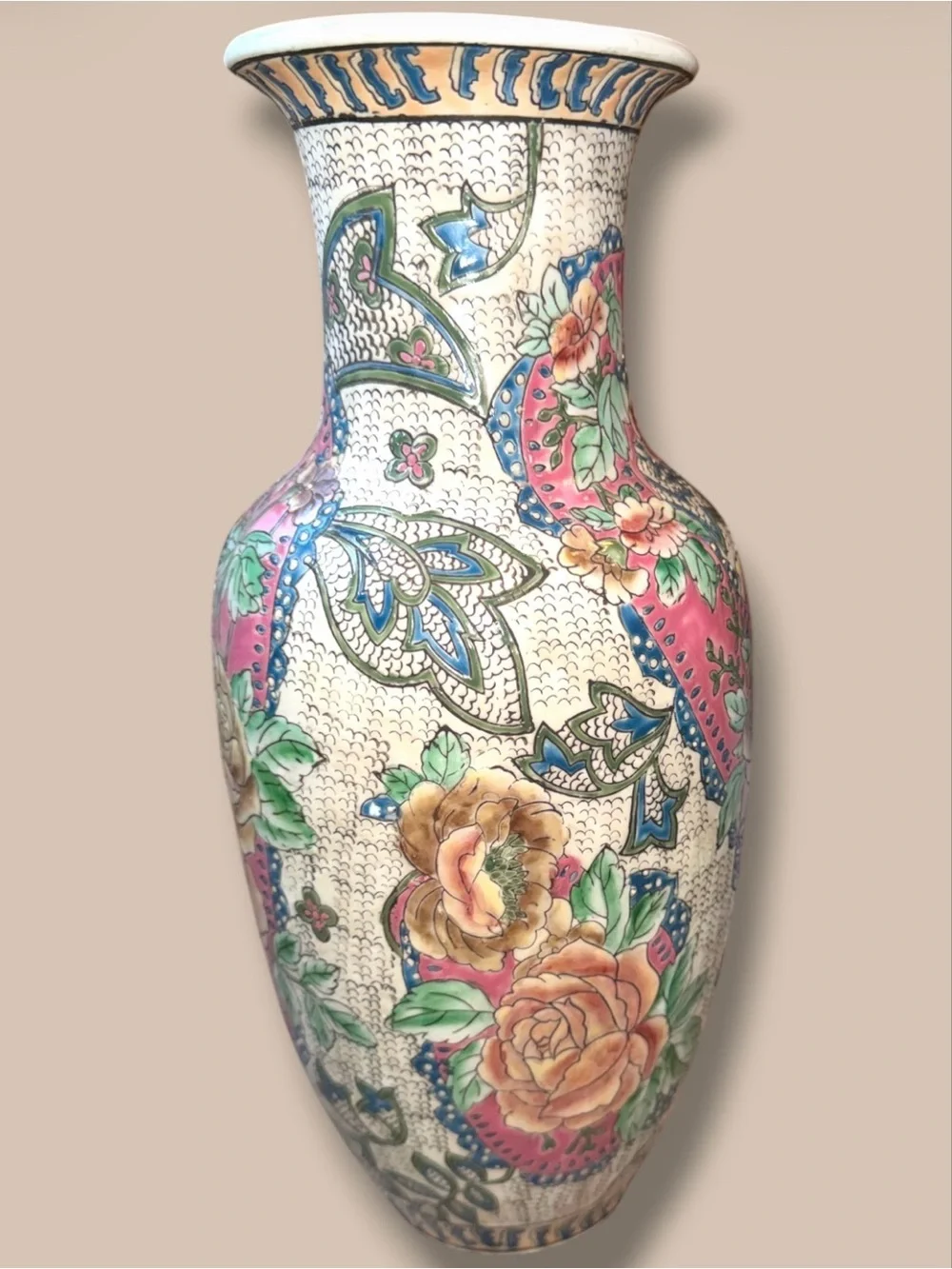 🌺VTG HANDCRAFTED CHINESE TEXTURED HANDPAINTED FLORAL DESIGN VASE